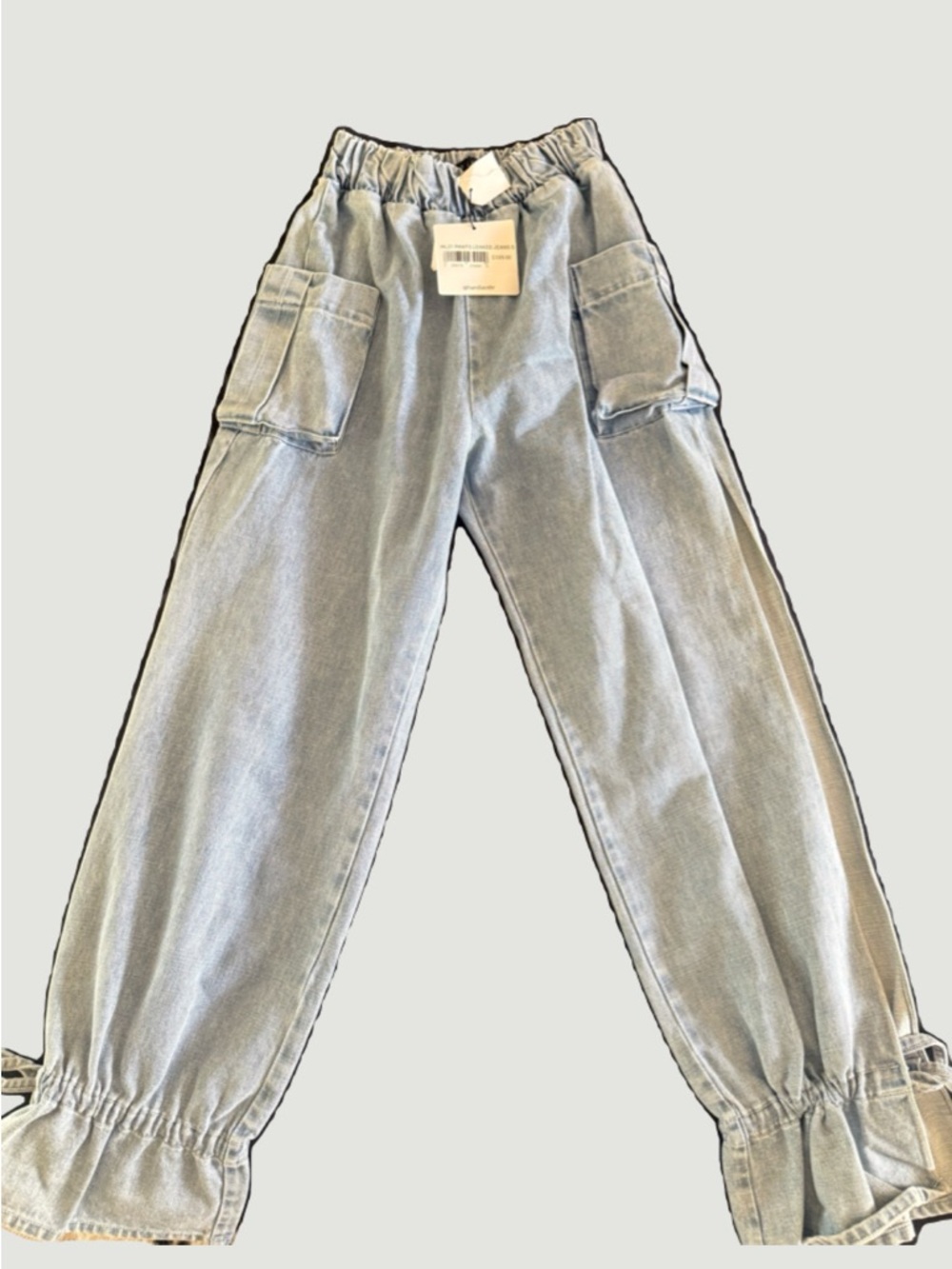 Ruffle Hem Light Wash Denim Cargo Pants